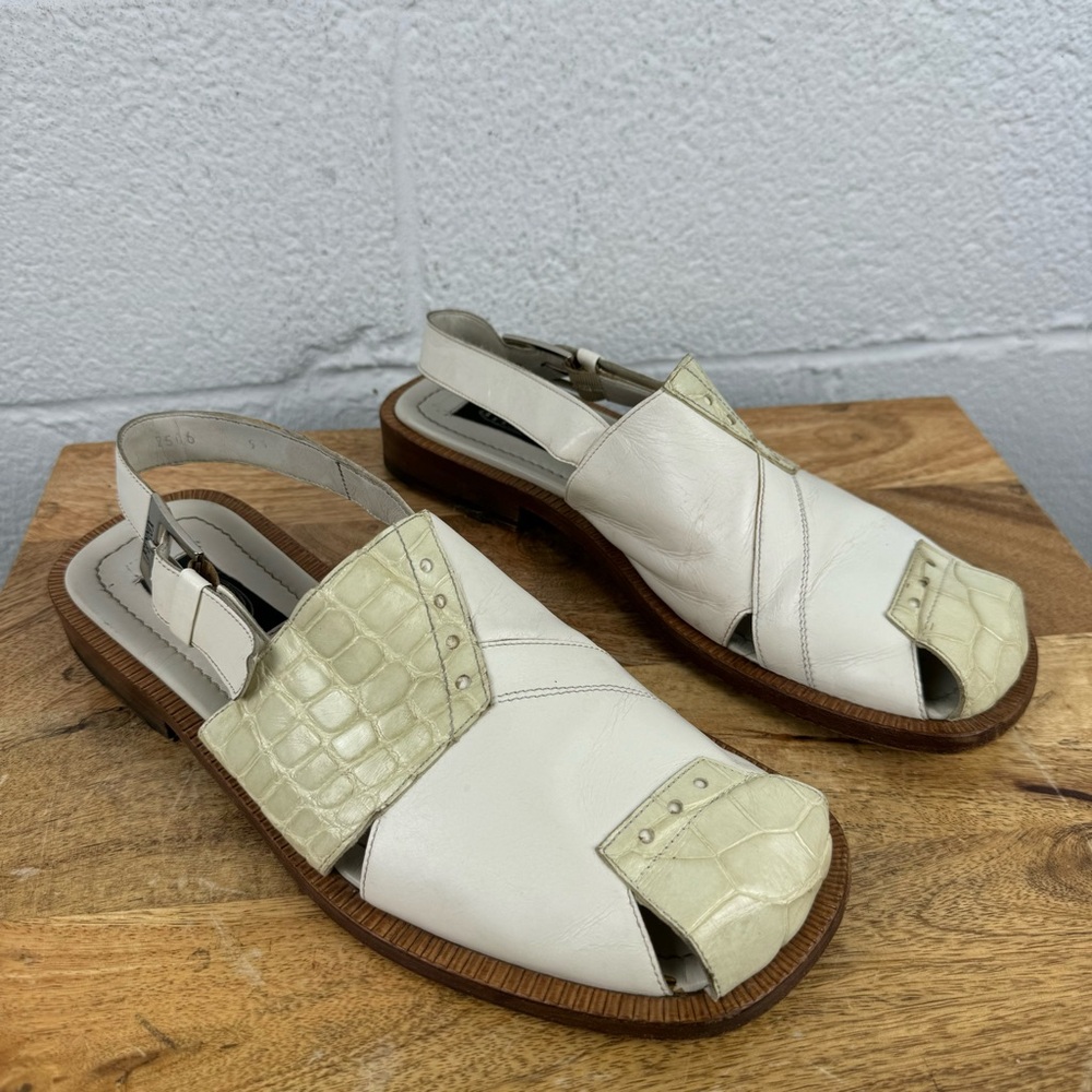 Fennix Italy White Leather & Alligator Slingback Sandals Size 9.5 Made in Italy